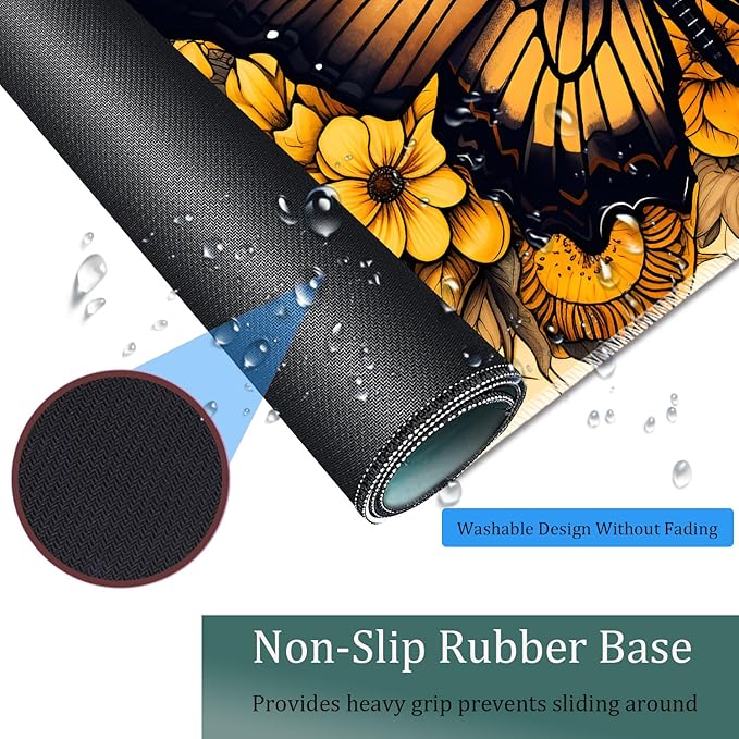 Large Game Mouse Pad + Wrist Support Pad + Coffee Coaster Desk Pad with Sewn Edges Anti-Slip Set pad Suitable for Office Work and Home - Yellow Sunflower Butterfly