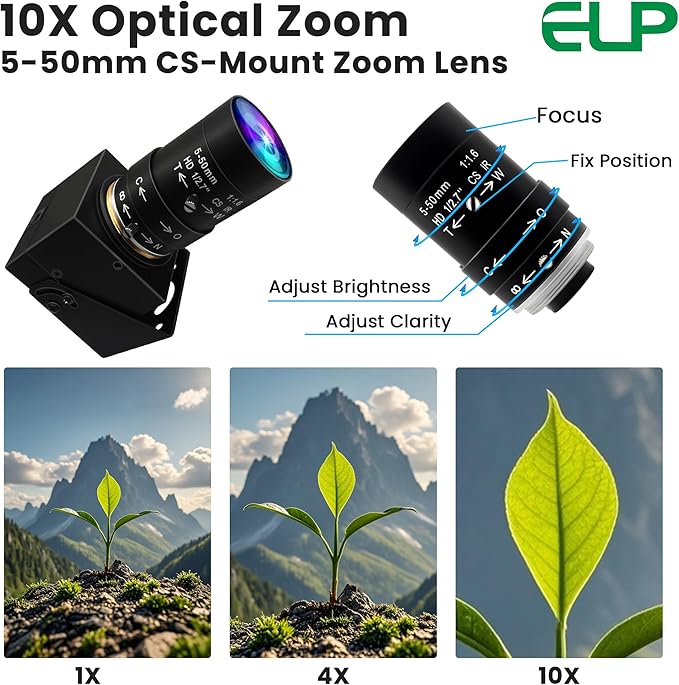 ELP Global Shutter USB Camera Manual Zoom Webcam 5mp 50fps High Speed PC Camera 5-50mm Variable Focus CS Mount Webcamera 1440P 60fps Lightburn Cam UVC USB2.0 Varifocal Telephoto Web Cam (10X Zoom)