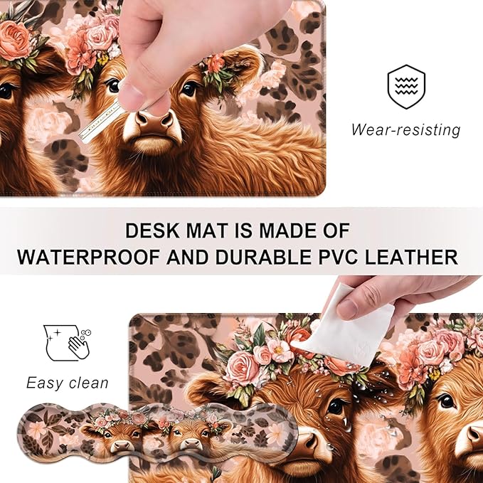Mouse PadLarge Desk Mat Set 4in1 XL Mousepad + Keyboard Wrist Rest+Mouse Wrist Rest+Coaster with Ergonomic Desk Pad for Home Office Table Computer Cover -Highland Cow with Flower Crowns