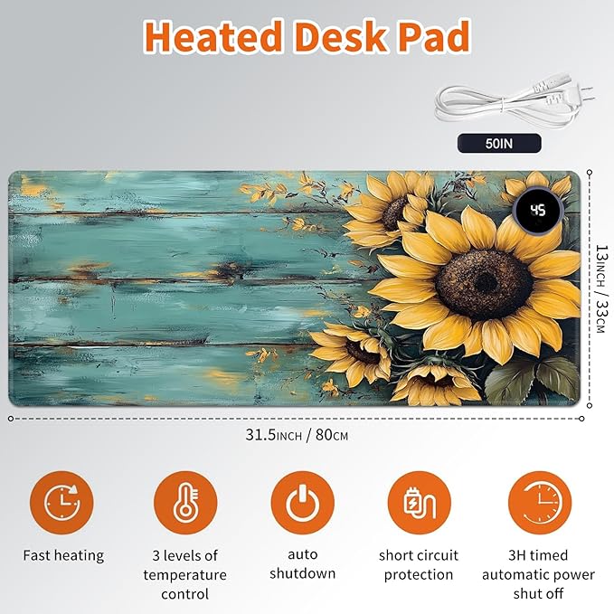 Heated Mouse PadWarm Desk Pad with 3 Levels Heating &amp 3 Hours Auto Shut-Off PU Leather Heated Desk Pad Warmer Pad for Home Office - 31.5 x 13 inchSunflower Blue Wood Grain