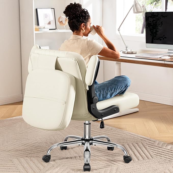 Criss Cross Office Chair with 2-in-1 Flip Backrest – Ergonomic PU Leather Floor Sitting Chair Adjustable Height 360° Swivel &amp Flip-Up Arms Extra-Wide Seat for Home Office Vanity Nail Salon-Wh