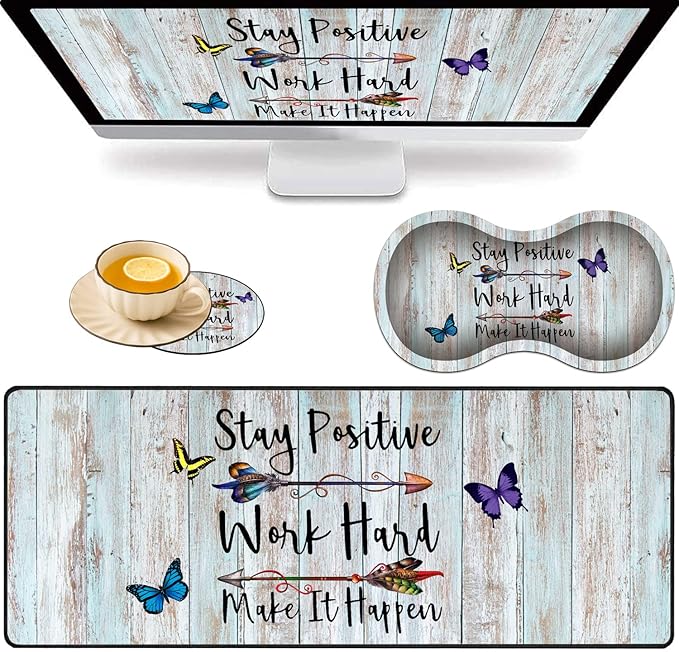 Large Game Mouse Pad + Wrist Support Pad + Coffee Coaster Stay Positive Work Hard and Make It Happen Foldable Table Mat with Stitched Edge Non-Slip Set Pad Suitable for Office Work and Home