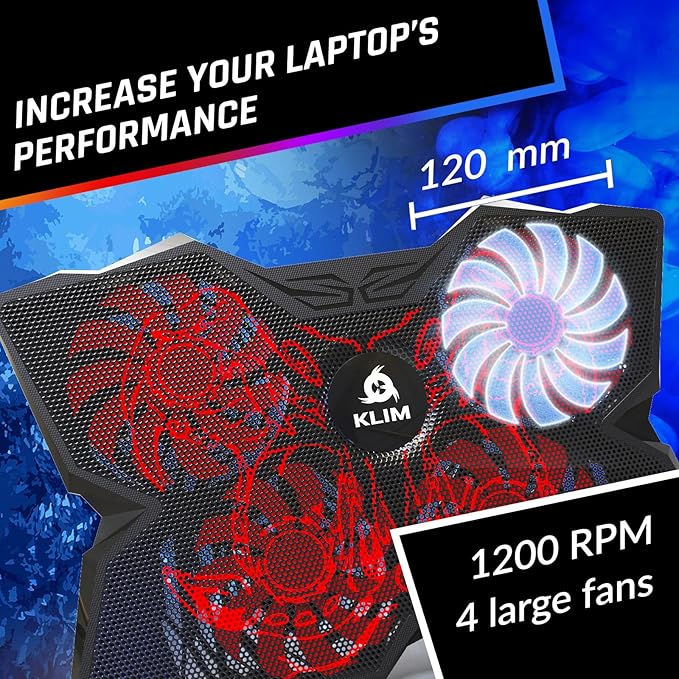 KLIM Wind Laptop Cooling Pad - More Than 500000 Units Sold - New - Powerful Rapid Action Laptop Cooler - Laptop Stand with 4 Cooling Fans - 2 USB Ports - PC Mac PS5 PS4 Xbox One - Cobra Red