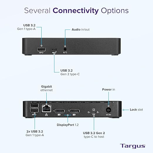 Targus Dual Monitor Universal USB-C DV4K DP Docking Station with 65W Power - Broad Compatibility with a Range of Hosts Devices Peripherals Laptops and Operating Systems (DOCK315USZ)