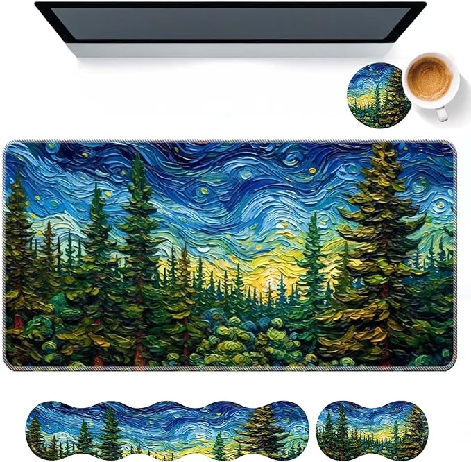 Keyboard Mouse Pad SetLarge Desk Pad+Keyboard Wrist Rest+Mouse Pad Wrist Support+CoasterEasy Typing Pain Relief Non-Slip Mousepad Wrist Support Home OfficeVan Gogh Starry Night Forest