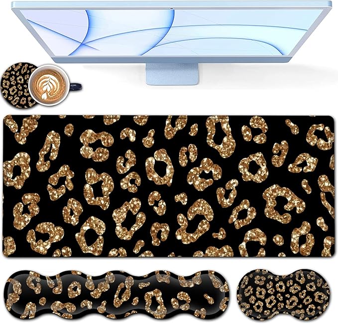 Gold Leopard Desk Pad Set - Extended Gaming Mouse Pad+ Ergonomics Memory Foam Wrist Rest Support 31.5x11.8in Waterproof Large Mouse Pad for Home Office Black XXL Mouse Mat