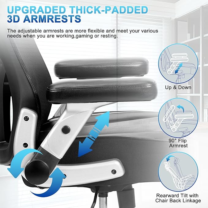 Super Big and Tall Office Chair 700lbs- Heavy Duty Executive Computer Chair with Rubber Wheels 3D Flip Arms Ergonomic Mesh High Back Desk Chair Extra Wide Seat Adjustable Lumbar Support &amp Headre