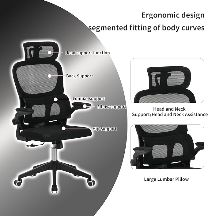 High Back Ergonomic Office Chair - Big and Tall Mesh Desk Chair with 3D Adjustable Headrest &amp Lumbar Support Swivel Computer Task Chair for Home Office Wide Seat 300lbs Capacity (Black Model F