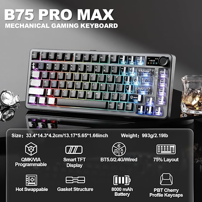YUNZII B75 PRO MAX QMK/VIA Wireless Mechanical Keyboard75% Layout with Screen and KnobCustom Hot Swap GasketCreamy Pre-lubed SwitchesBluetooth/Type-C/2.4G for Win/Mac (BlackCocoa Cream V2 Switch)