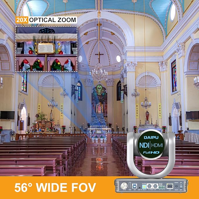 NDI PTZ Camera 60fps 20X Optical Zoom 1080P HDMI USB3.0 SDI LAN PoE AI Auto Tracking Conference Room Camera 1/2.8 CMOS Sensor 255 Presets for Church Worship Live Streaming Video Conference