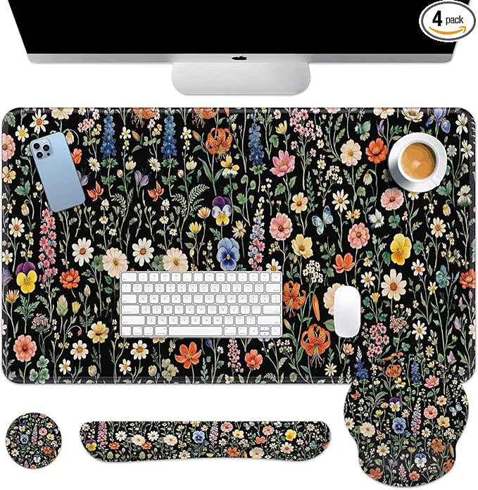 Britimes Black Florals Keyboard Mouse Pad Set Colorful Wildflowers 4in1 Large Mousepad+Keyboard Wrist Rest+Mouse Wrist Rest+Coaster Ergonomic Design for Home Office Computer 35.4x15.7 inches