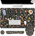 Britimes Black Florals Keyboard Mouse Pad Set Colorful Wildflowers 4in1 Large Mousepad+Keyboard Wrist Rest+Mouse Wrist Rest+Coaster Ergonomic Design for Home Office Computer 35.4x15.7 inches