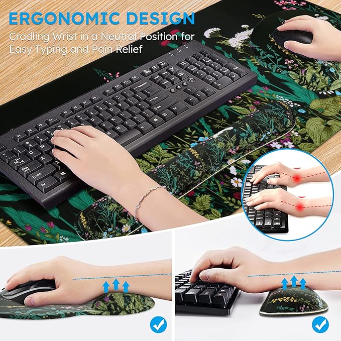 iCasso Large Mouse Pad Mouse Pad Wrist Support Set4in1 XXL Large Mousepad + Keyboard Wrist Rest+Mouse Wrist Rest+Coaster Set with Ergonomic Design for Home Office Table Computer-Weeds