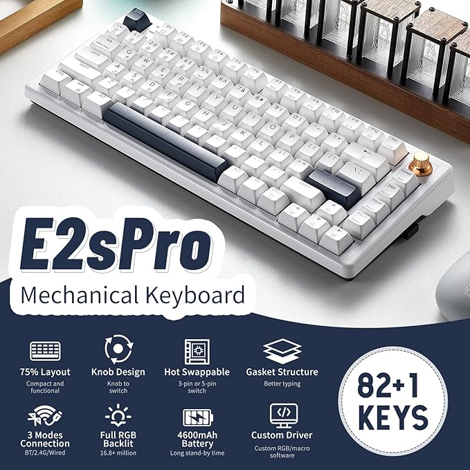 Hexgears 75% Wireless Mechanical Keyboard with Knob Hot Swappable Creamy Keyboard with Wrist Rest Pre-lubed Linear Switches 2.4GHz/Type-C/BT5.0 RGB Backlit Gaming Keyboards for Win/Mac (White)