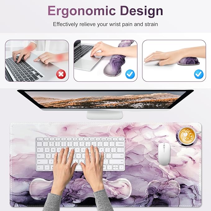 Gaming Mouse Pad Keyboard Wrist Support 4 in1 Mousepad Set with Wrist Keyboard Rest Computer Desk Mat Non-Slip Desk Pad Protector with Memory Foam Easy Typing Pain Relief I Purple Marble