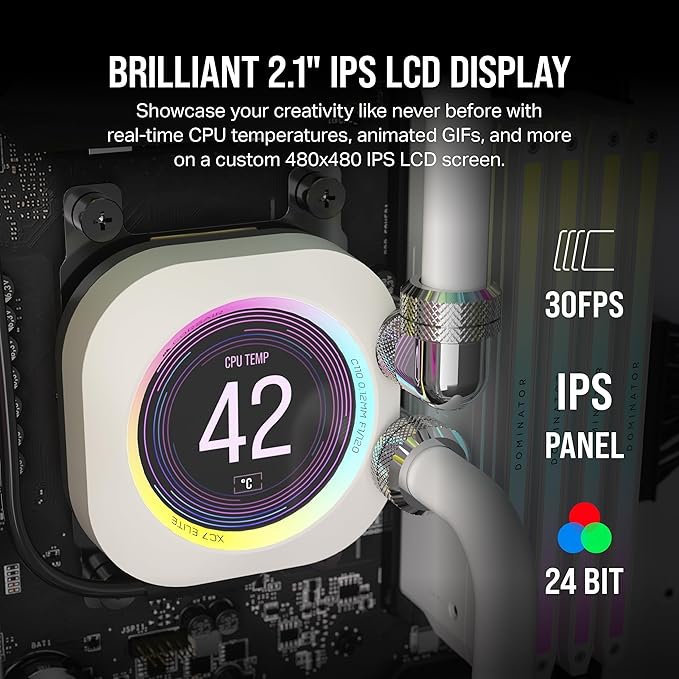 CORSAIR XC7 RGB Elite LCD CPU Water Block - 480x480 IPS LCD Screen - 31 RGB LEDs - USB-C - Fits Intel® LGA 1700 AMD® AM5 and Older - White