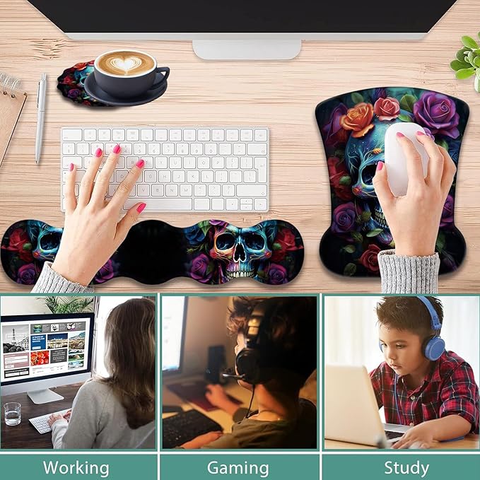 Ergonomic Keyboard Wrist Support Pad and Wrist Support Mouse Pad Anti-Slip with Gel Memory Mouse Pad Set Suitable for Office Use/Home Use - Colorful Rose Flower Skull
