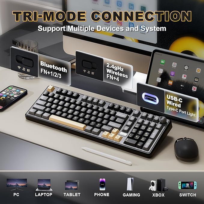 YUNZII B98 PRO QMK/VIA Wireless Mechanical Gaming Keyboard 96% Layout with Numpad and Cute Cat Knob BT/2.4G/USB-C Pre-Lubed Switch Hot Swap Gasket RGB for Win/Mac (Black Milk V2 Linear Switch)
