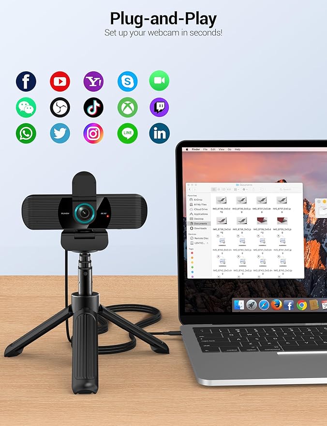 RUWBY Webcam with Built-in Microphone and Rotatable Tripod 1080P Video and Wide Angle Camera Privacy Cover (4K | 30fps | Type-C Cable | Detachable Tripod)