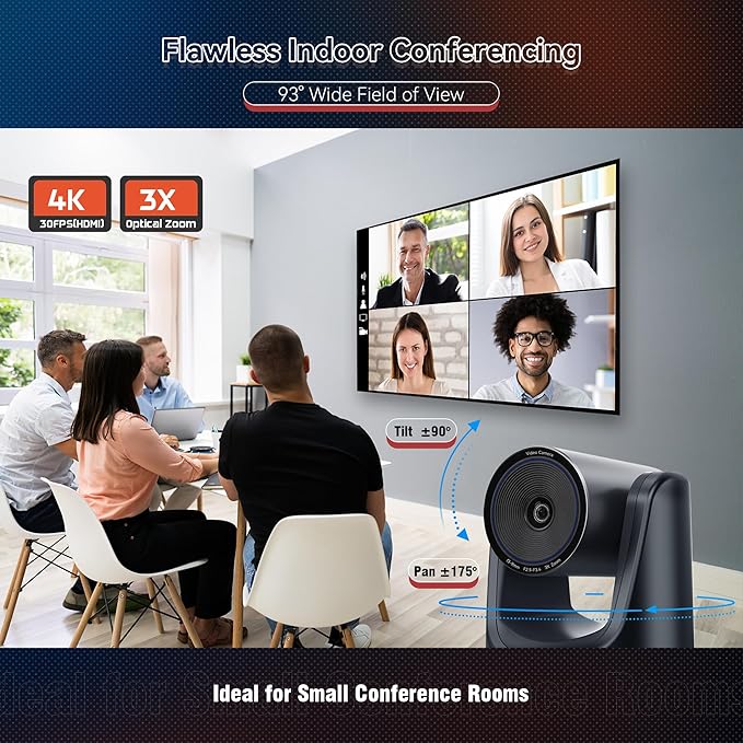 TONGVEO 4K Conference Room PTZ Camera AI Auto Tracking 3X Optical Zoom HDMI/USB3.0 Wide-Angle Video Conference Camera for Church Worship Live Streaming Meeting with Zoom YouTube OBS and More