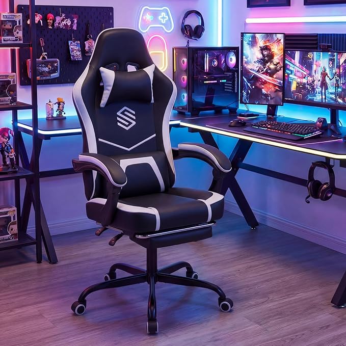 Giantex Gaming Chair Height Adjustable Computer Desk Chair with Headrest Lumbar Support Linkage Armrests Reclining Backrest &amp Footrest Ergonomic Office Chair Video Game Chair (Black)