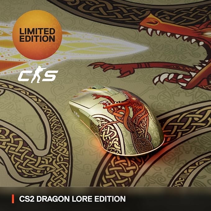 SteelSeries Wireless Gaming Mouse CS2 Dragon Lore Edition — Counter-Strike — 2.4GHz &amp Bluetooth — 18K DPI TrueMove Air Optical Sensor — Up to 200 HR Battery — 80M Click Durability