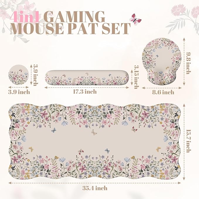 iCasso Desk Mat SetLarge Mouse Pad with Wrist RestErgonomic Keyboard Wrist Support for WomenGirly Floral Computer Mat with Scalloped EdgesNon-Slip Desk Pad Home Office Gaming (Beige)