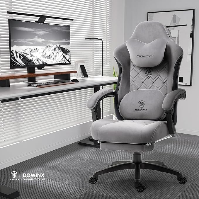 Dowinx Fabric Gaming Chair with Heated Massage Lumbar Support Gaming Chairs for Adults Big and Tall Gamer Chair with Pocket Spring Cushion and Footrest Ergonomic Recliner Computer Chair Grey