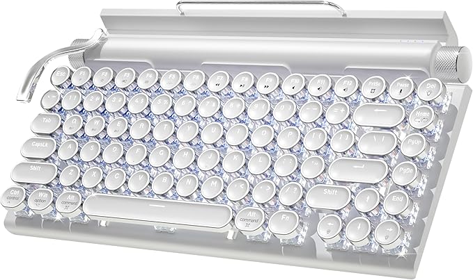 Retro Typewriter Wireless Mechanical Gaming Keyboard Bluetooth 5.0 Office Computer Vintage Keyboards 83-Key Blue Switches Punk Round Keycap LED Backlight Compatible with PC/Laptop/Pad/Phone White