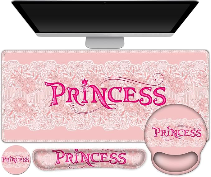 DINKY Pink Mouse Pad with Wrist Rest Desk Pad for Keyboard and Mouse Ergonomic Mousepad Set Keyboard Wrist Rest with Coaster Desk Mat Combo for Office Home Pink Princess