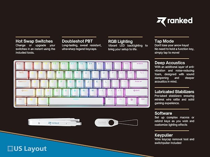 Ranked S60 Supernova 60% Form Factor | Hot Swappable Mechanical Gaming Keyboard | 61 Keys Multi Color RGB LED Backlit for PC/Mac Gamer (White Gateron Optical Blue)