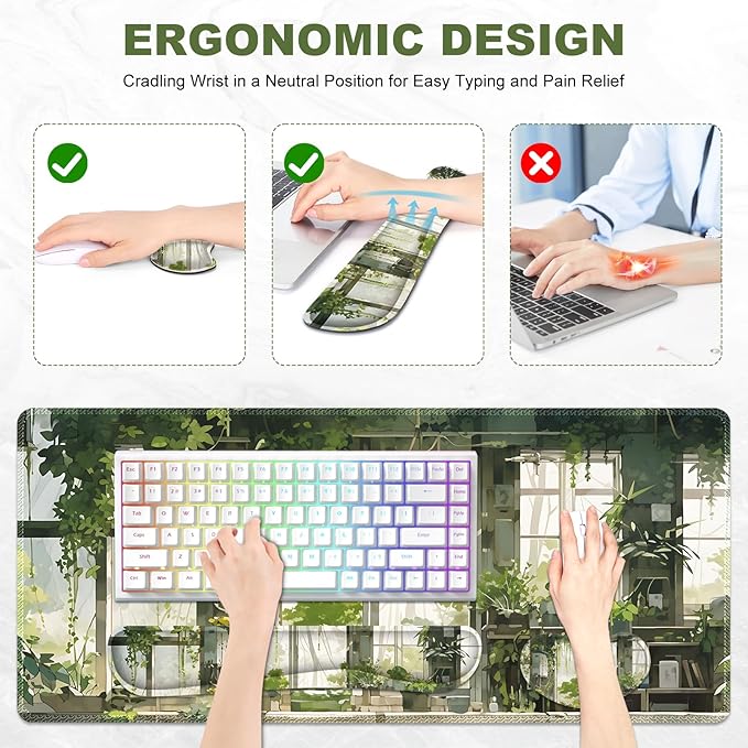 Large Mouse Pad and Keyboard Wrist Rest Extended Mouse Pad with Wrist Support Ergonomic Non-Slip Desk Mat Desk Protector Blotter for Home Office Window Green Plants