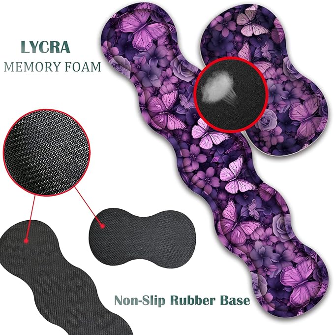 Mouse Pad Combo Large Gaming Mouse Pad + Keyboard Wrist Support + Mouse Wrist Rest + Coaster Table Pad 31.5 x 11.8 with Memory Foam Ergonomic Wrist Pad Set Butterflies Purple and Purple Flowers