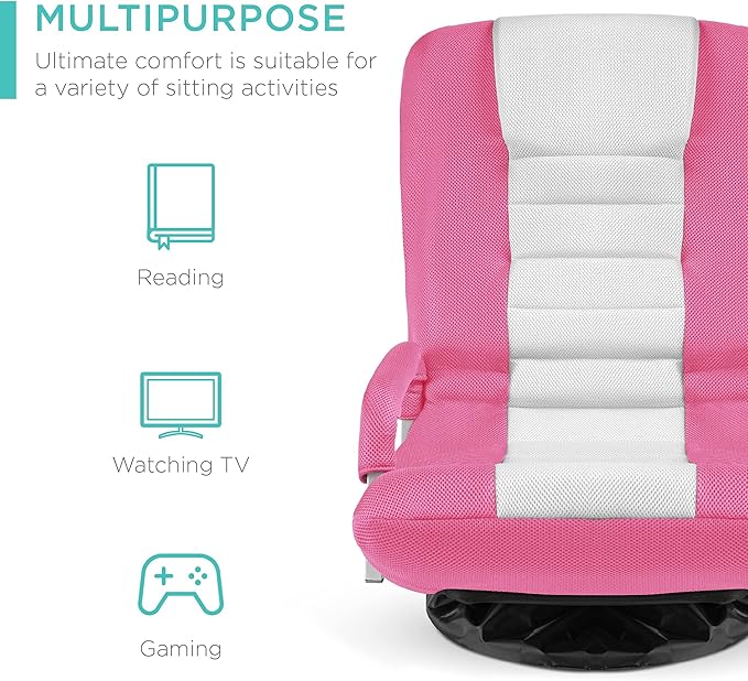 Best Choice Products Swivel Gaming Chair 360 Degree Multipurpose Floor Chair Rocker for TV Reading Playing Video Games w/Lumbar Support Armrest Handles Adjustable Foldable Backrest - Pink/White