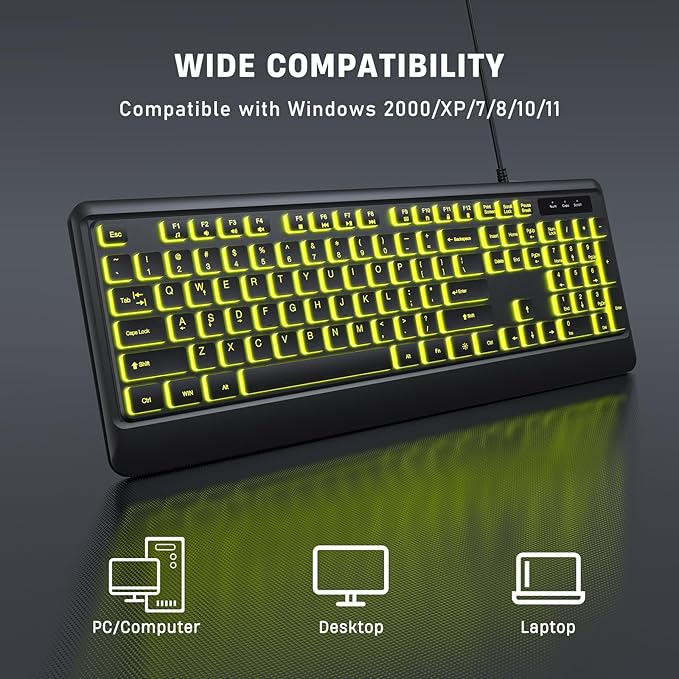 Backlit Computer Keyboards Wired USB LED Keyboard with 7 Colors Backlight Plug and Play Waterproof Full Size Quiet Computer Keyboard for Windows Desktop PC Laptop Gaming