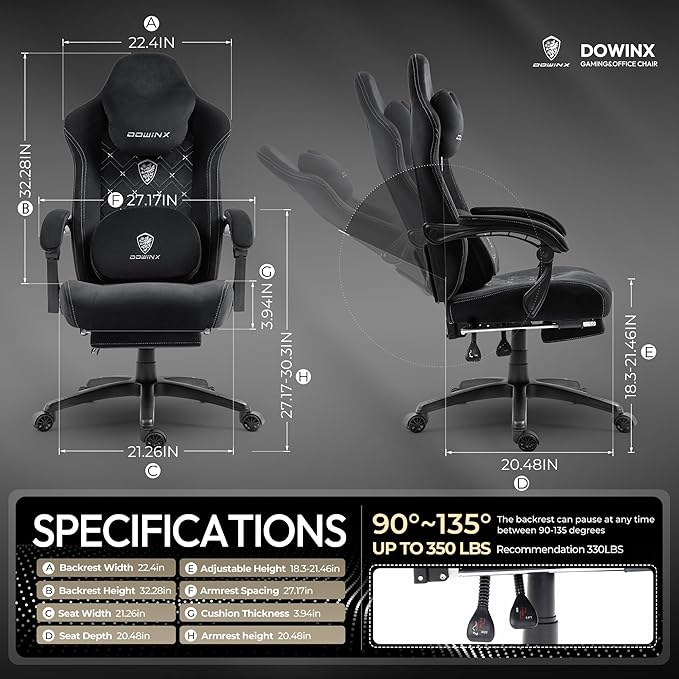 Dowinx Gaming Chair with Heated Massage Lumbar SupportBig and Tall Fabric Gaming Chairs for Adults with Footrest Ergonomic Computer Game Chair with Poket Spring Cushions 350lbs Black and White