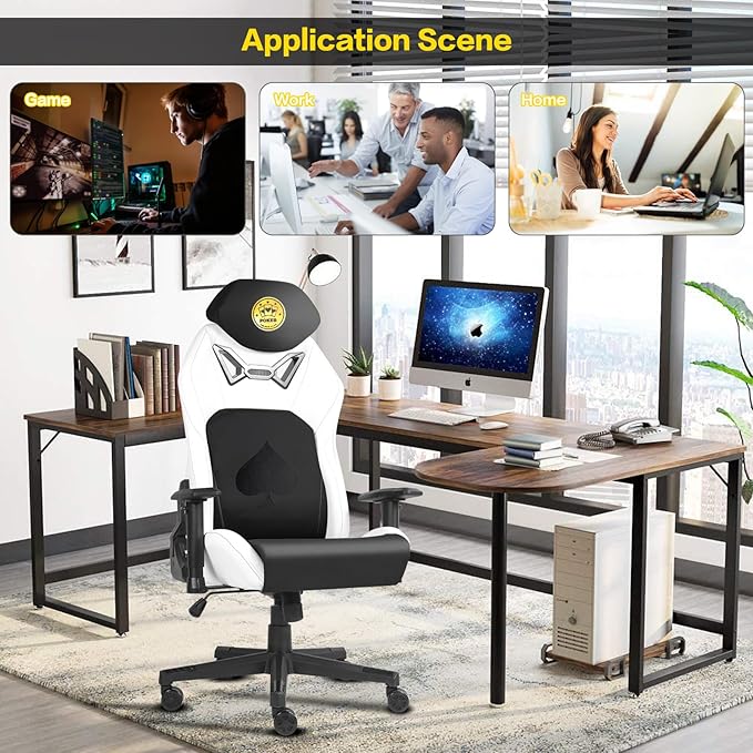 Modern-Depo Ergonomic Video Poker Gaming Chair Recliner with Texas Hold'em Sign Swivel Chair with Poker Logo Lumbar Support Headrest Height Adjustable for Study Home Office White Black Poker 4