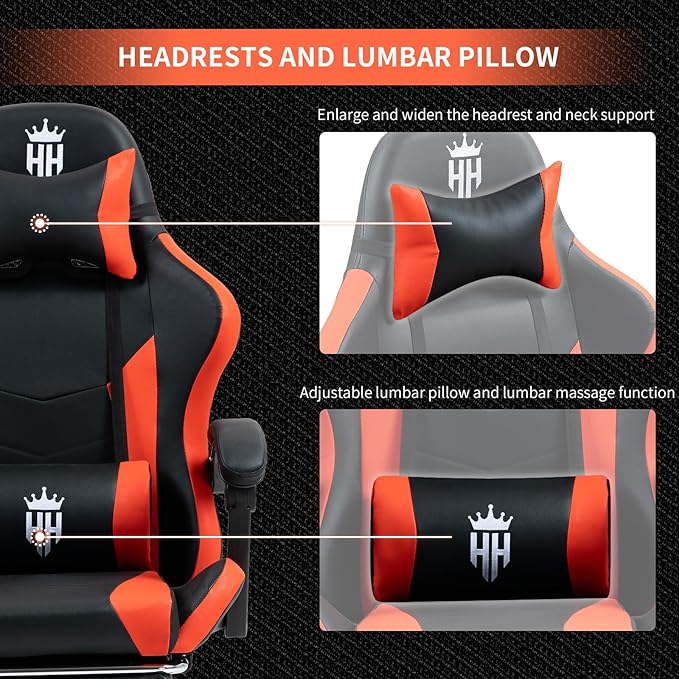 Gaming Chair with Footrest Ergonomic Computer Chair for Adult Adjustable Headrest Lumbar Pillow Large Size Reclining Gaming Chair Big and Tall with Linkage Armrest for Home Office Gaming