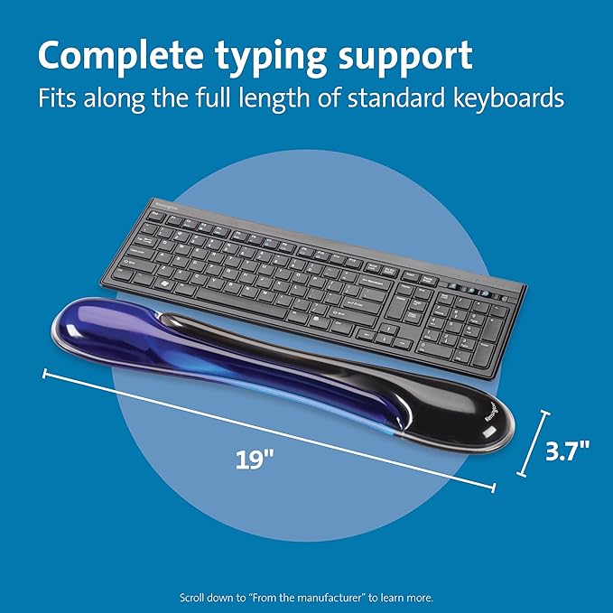 Kensington Duo Gel Wrist Rest for Keyboard Wrist Pad for Keyboard Ergonomic Keyboard Wrist Pad Computer Keyboard Pad with Wrist Support Cooling Gel Non-Skid Backing Blue K62397AM 19 x3.7