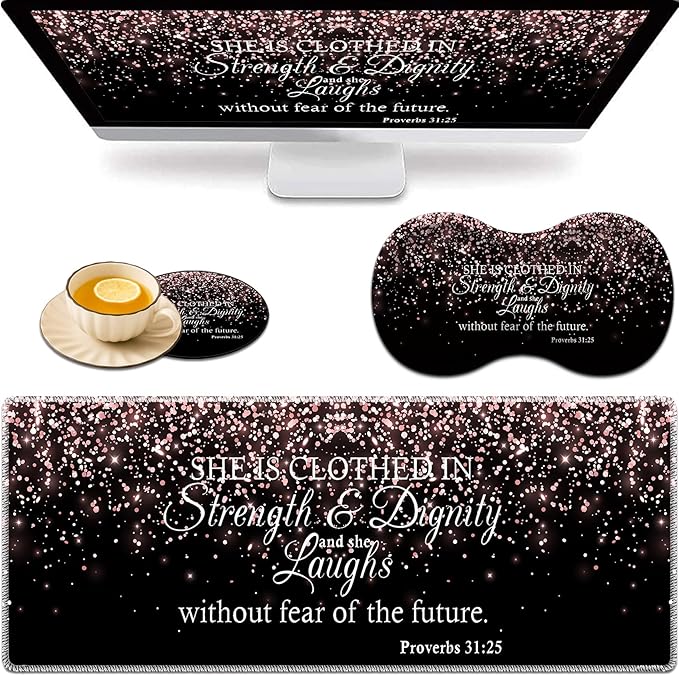 Large Game Mouse Pad + Wrist Support Pad + Coffee Coaster Rose Gold Proverbs 31:25 Foldable Table Mat with Stitched Edge Non-Slip Set Pad Suitable for Office Work and Home