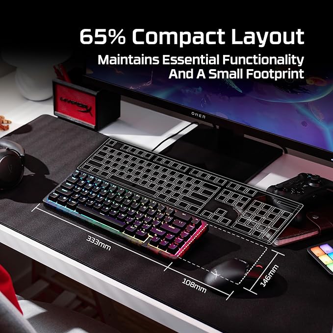 HyperX Origins 2 65 – Gaming Keyboard PC Swappable Housing Hotswap Switches High Profile 65% Layout 8k Polling Adjustable Angle Mechanical Switches