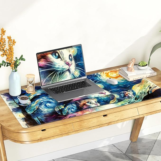 Large Gaming Mouse Pad Set 4 in 1 Ergonomics Keyboard Desk Mat Memory Foam Wrist Rest Computer PC Extended Game Mousepad Non-Slip Desk Matt Easy Typing Pain Relief I Starry Night Art Cat