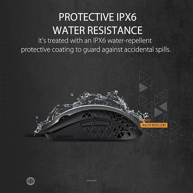 ASUS TUF M4 Air Wired Gaming Mouse - P307 Durable and Ultralight Air Shell Design 16000 dpi Optical Sensor Six Tactile programmable Buttons IPX6 Water Resistance Black Color