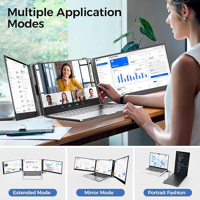 Redalf 14” Triple Laptop Screen ExtenderUltra-Thin &amp Lightweight (2.2lb) Portable 1080P FHD IPS Monitor Plug &amp Play USB-C/HDMI Fits 13–17.3” Laptops for Mac/Windows/Chrome