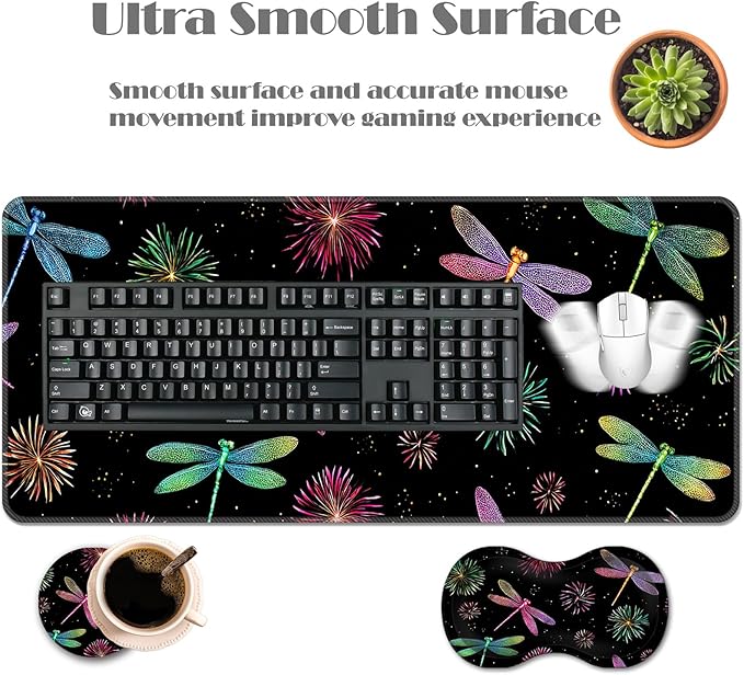 Ergonomic Keyboard Wrist Rest &amp Mouse Pad Wrist Rest SetXL Gaming Desk Mat 31.5x 11.8Non-Slip BaseMemory FoamEasy Typing Pain Relief for Office &amp HomeDragonflies and Fireworks