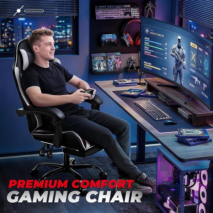 Auto Dynasty Ergonomic Gaming Chair High-Back Office Chair w/Adjustable Lumbar Support Linkage Armrest Headrest &amp Footrest 350LBS Recliner Swivel Computer Game Racing Chair White/Black