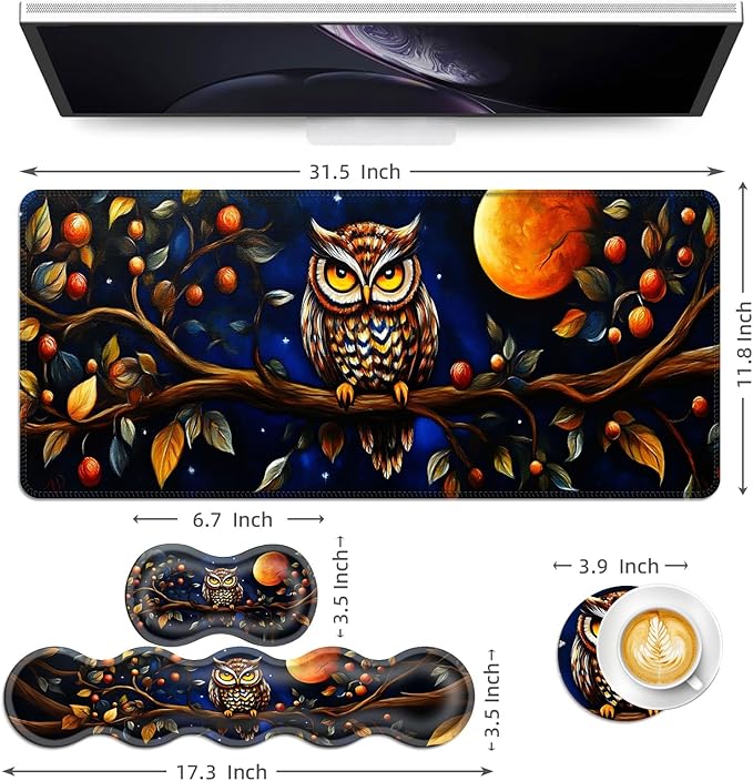 Keyboard Mouse Pad Set Extended Gaming Mouse Pad+Ergonomics Keyboard Wrist Rest Support Memory Foam Easy Typing Pain Relief 4Pcs XL Ultra Thick Desk MatOwl on Branch Moonlit Night