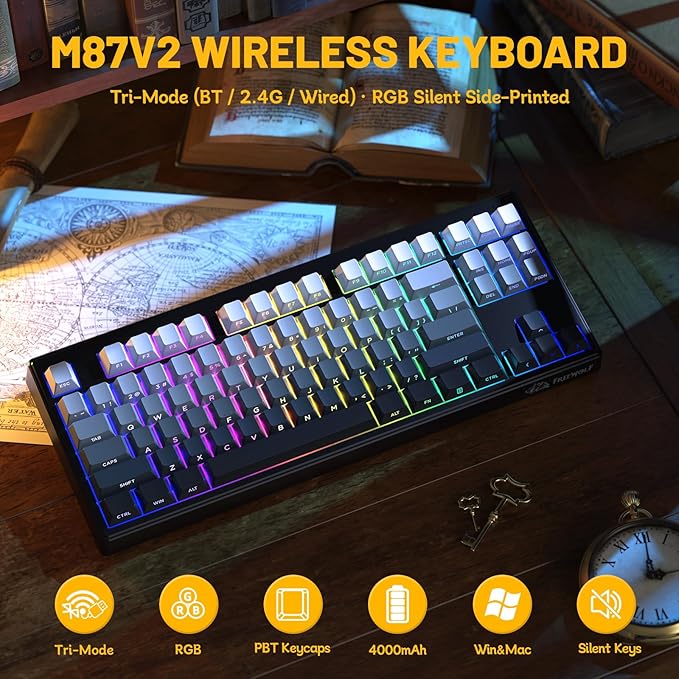 M87V2 87 Keys Membrane Gaming Wireless Keyboard80% TKL Layout Side Printed Keys Retro Cute CreamyRGB Backlit 4000mAh 2.4G/BT/Wired Computer Silent Keyboard for MAC PC-Gradient Black