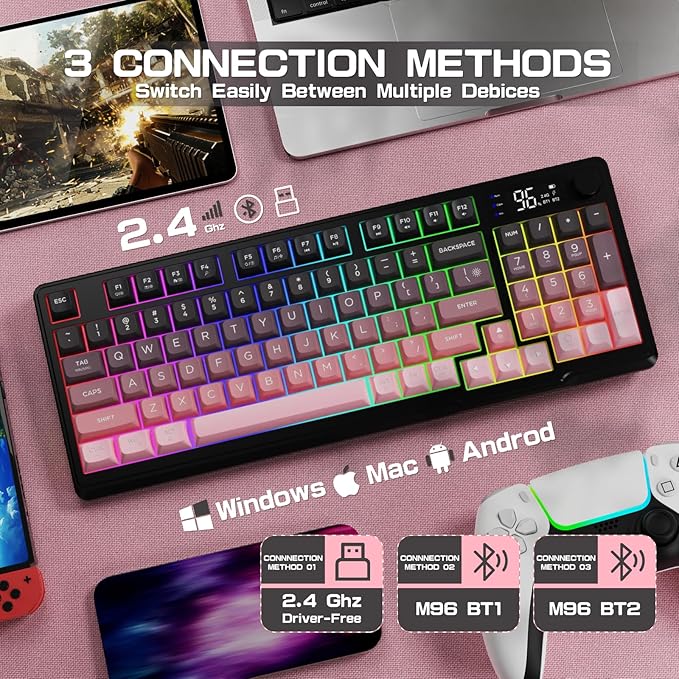 LexonElec M96 Wireless Keyboard Low Profile Quiet Typing Membrane Gaming Keyboard with Smart Display &amp Knob RGB Backlit USB C Rechargeable 94 Keys PBT Keycap for Windows PC Mac Linux-BlackBe