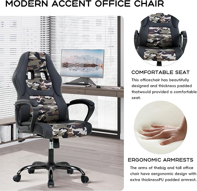 MKDLUFEI Video Game ChairErgonomic Office Chair Desk Chair and Lumbar Support PU Leather Recliner with HeadrestHeight Adjustable Computer Chair for Adults (CAMO)